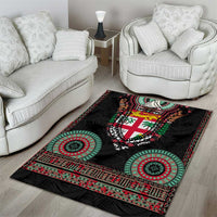 Fiji Coat of Arms Traditional Dashiki Area Rug Tapa Art and Palm Leaves Pattern Black Color - Polynesian Pride
