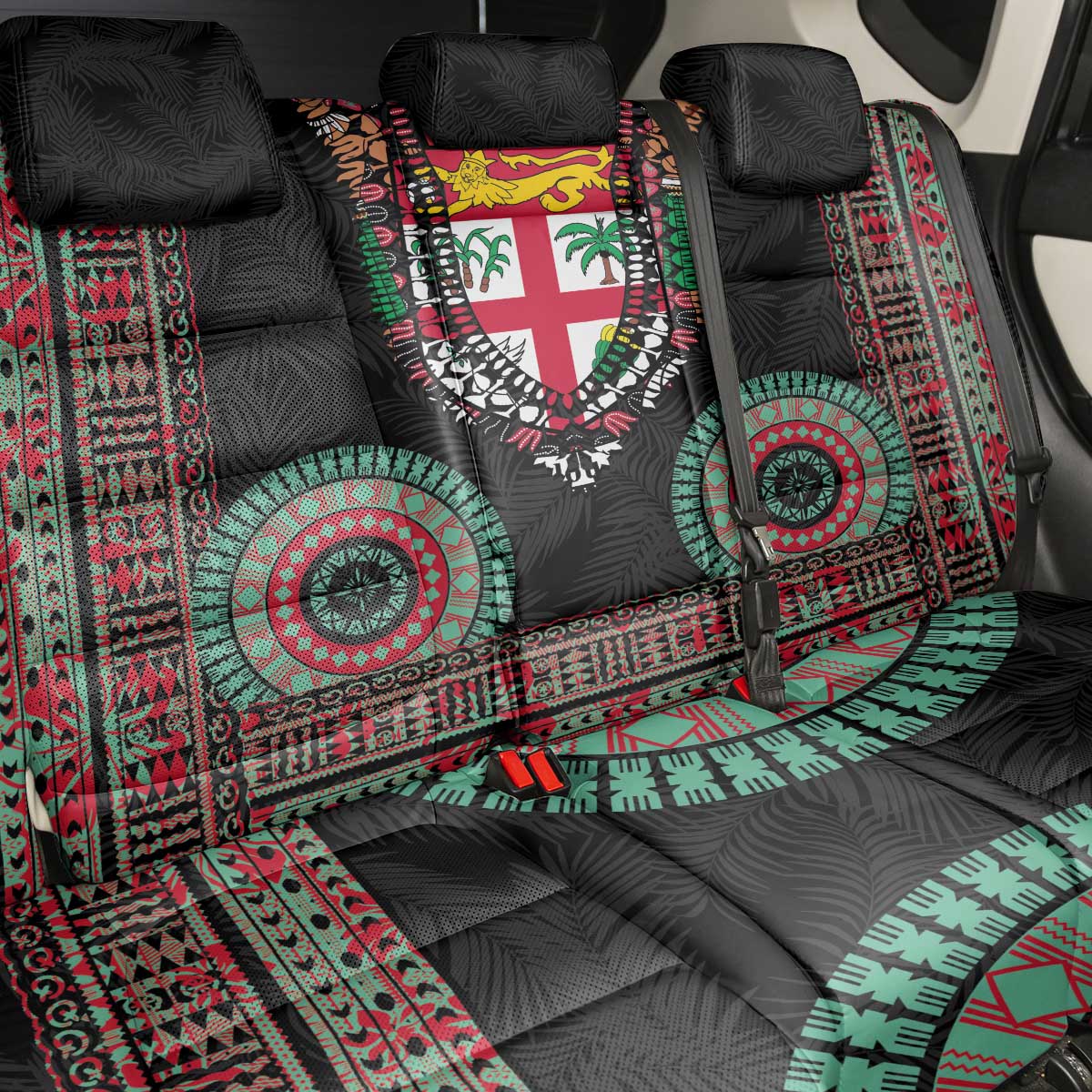 Fiji Coat of Arms Traditional Dashiki Back Car Seat Cover Tapa Art and Palm Leaves Pattern Black Color - Polynesian Pride