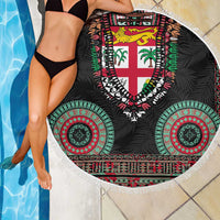 Fiji Coat of Arms Traditional Dashiki Beach Blanket Tapa Art and Palm Leaves Pattern Black Color - Polynesian Pride