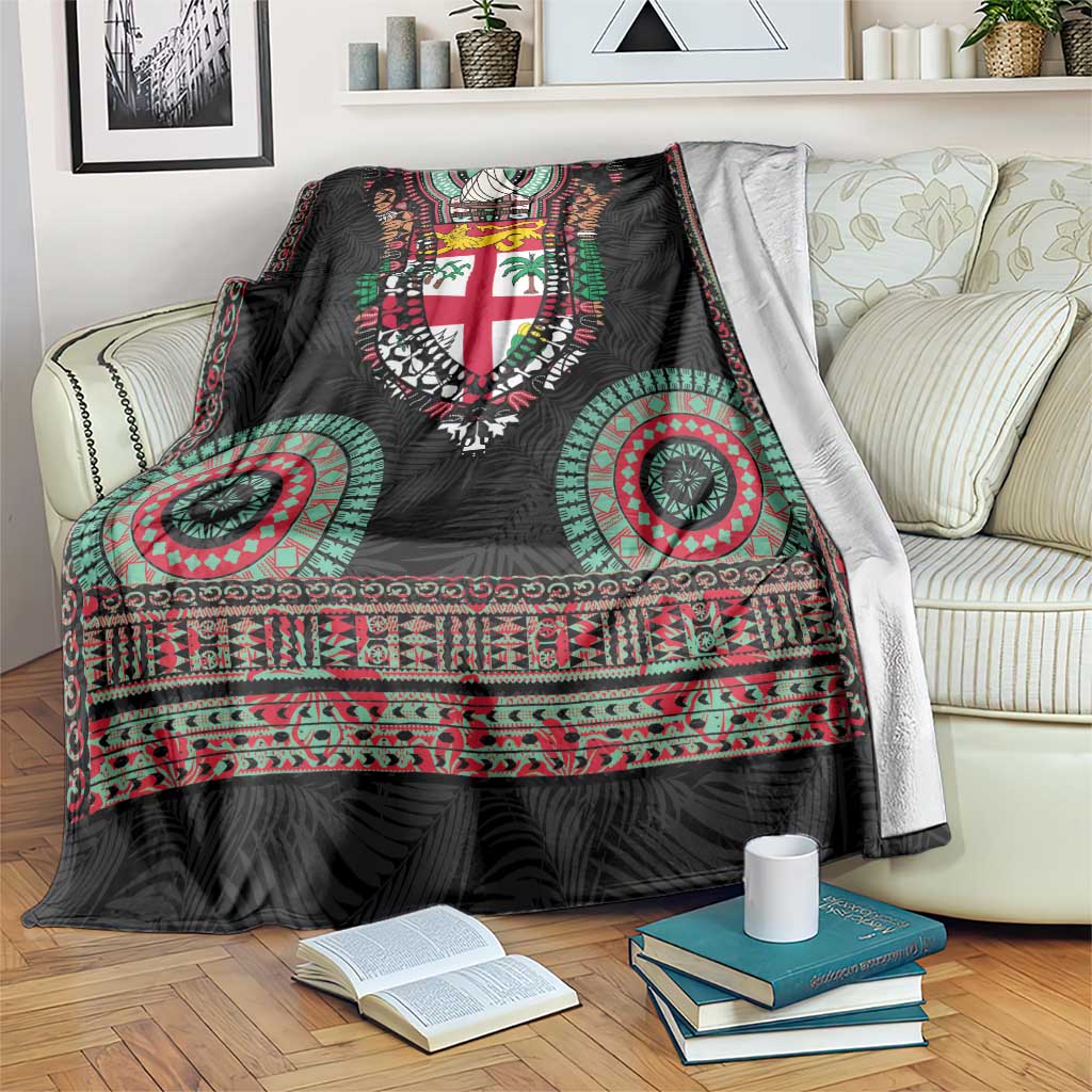 Fiji Coat of Arms Traditional Dashiki Blanket Tapa Art and Palm Leaves Pattern Black Color - Polynesian Pride