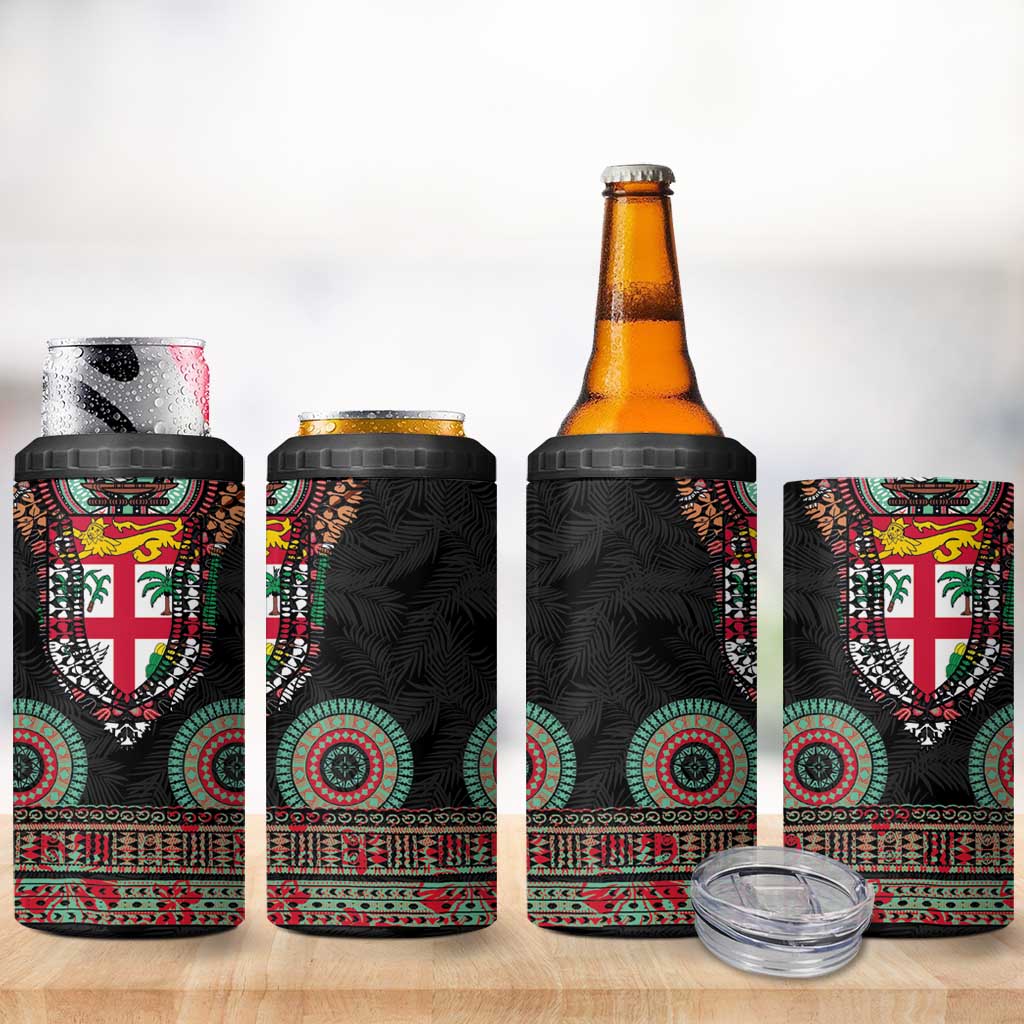 Fiji Coat of Arms Traditional Dashiki 4 in 1 Can Cooler Tumbler Tapa Art and Palm Leaves Pattern Black Color - Polynesian Pride