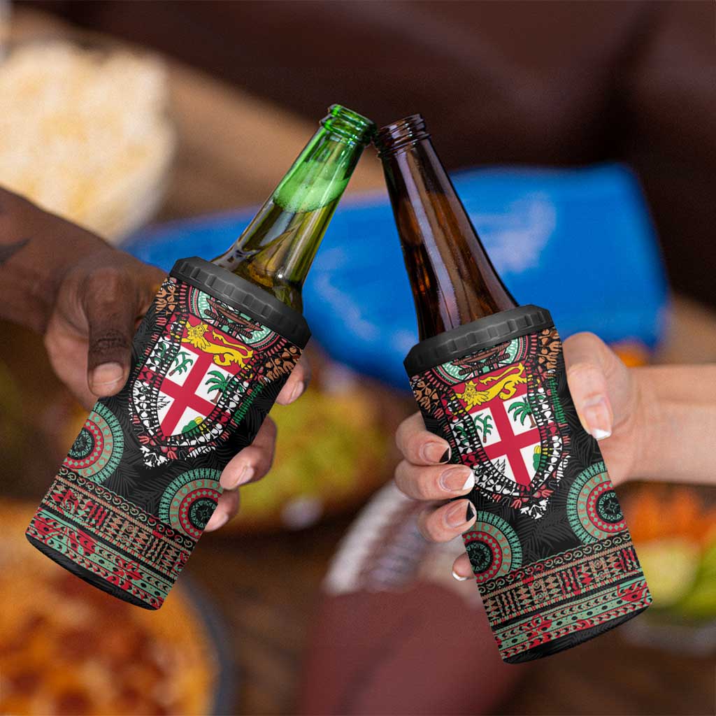 Fiji Coat of Arms Traditional Dashiki 4 in 1 Can Cooler Tumbler Tapa Art and Palm Leaves Pattern Black Color - Polynesian Pride