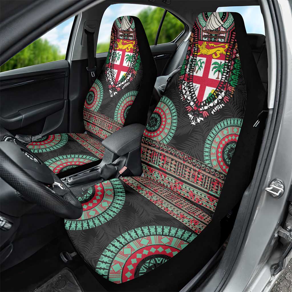 Fiji Coat of Arms Traditional Dashiki Car Seat Cover Tapa Art and Palm Leaves Pattern Black Color - Polynesian Pride