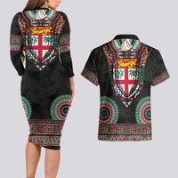 Fiji Coat of Arms Traditional Dashiki Couples Matching Long Sleeve Bodycon Dress and Hawaiian Shirt Tapa Art and Palm Leaves Pattern Black Color - Polynesian Pride