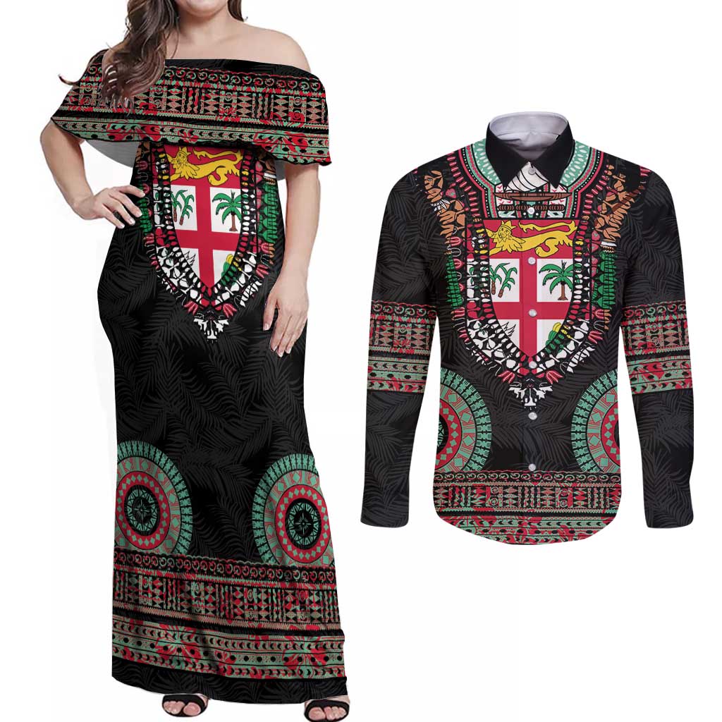 Fiji Coat of Arms Traditional Dashiki Couples Matching Off Shoulder Maxi Dress and Long Sleeve Button Shirt Tapa Art and Palm Leaves Pattern Black Color - Polynesian Pride