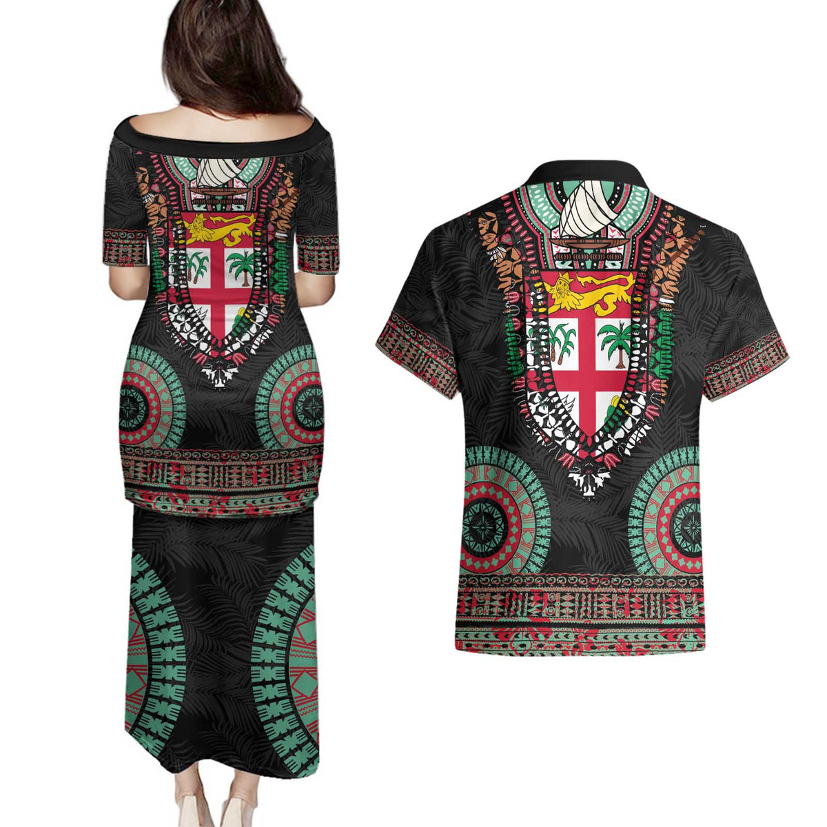Fiji Coat of Arms Traditional Dashiki Couples Matching Puletasi and Hawaiian Shirt Tapa Art and Palm Leaves Pattern Black Color - Polynesian Pride
