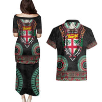 Fiji Coat of Arms Traditional Dashiki Couples Matching Puletasi and Hawaiian Shirt Tapa Art and Palm Leaves Pattern Black Color - Polynesian Pride