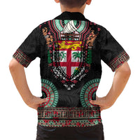 Fiji Coat of Arms Traditional Dashiki Family Matching Long Sleeve Bodycon Dress and Hawaiian Shirt Tapa Art and Palm Leaves Pattern Black Color LT03 - Polynesian Pride