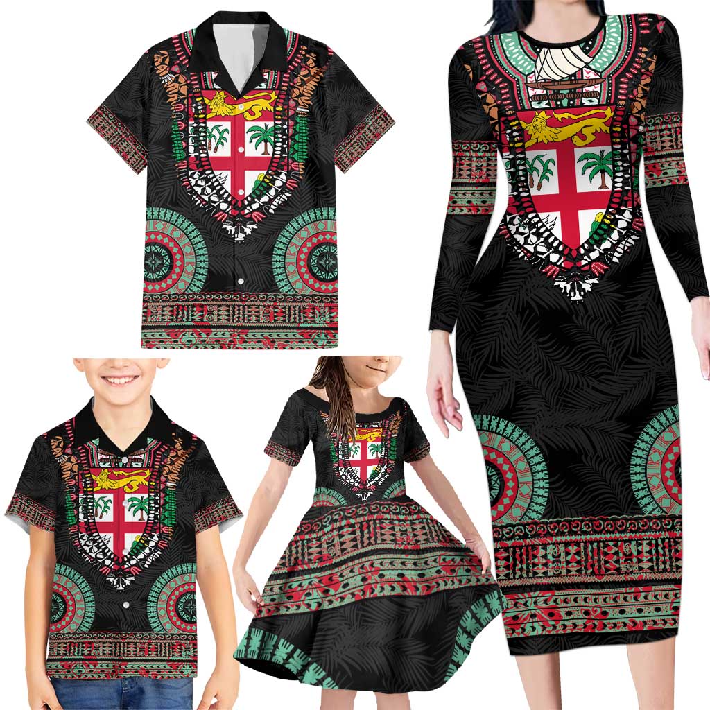 Fiji Coat of Arms Traditional Dashiki Family Matching Long Sleeve Bodycon Dress and Hawaiian Shirt Tapa Art and Palm Leaves Pattern Black Color LT03 - Polynesian Pride