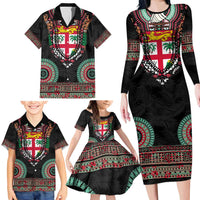 Fiji Coat of Arms Traditional Dashiki Family Matching Long Sleeve Bodycon Dress and Hawaiian Shirt Tapa Art and Palm Leaves Pattern Black Color LT03 - Polynesian Pride