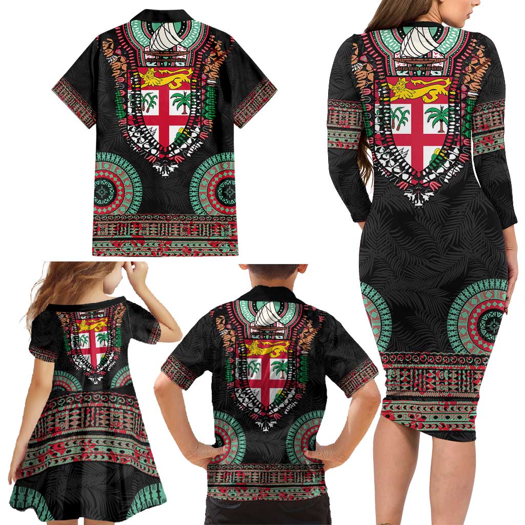 Fiji Coat of Arms Traditional Dashiki Family Matching Long Sleeve Bodycon Dress and Hawaiian Shirt Tapa Art and Palm Leaves Pattern Black Color LT03 - Polynesian Pride