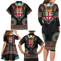 Fiji Coat of Arms Traditional Dashiki Family Matching Long Sleeve Bodycon Dress and Hawaiian Shirt Tapa Art and Palm Leaves Pattern Black Color LT03 - Polynesian Pride