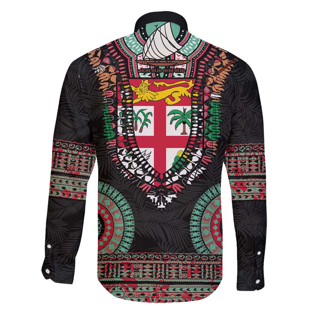 Fiji Coat of Arms Traditional Dashiki Family Matching Long Sleeve Bodycon Dress and Hawaiian Shirt Tapa Art and Palm Leaves Pattern Black Color LT03 - Polynesian Pride