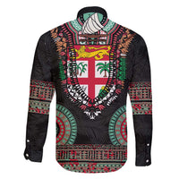 Fiji Coat of Arms Traditional Dashiki Family Matching Long Sleeve Bodycon Dress and Hawaiian Shirt Tapa Art and Palm Leaves Pattern Black Color LT03 - Polynesian Pride