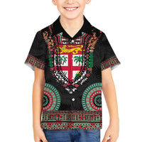 Fiji Coat of Arms Traditional Dashiki Family Matching Long Sleeve Bodycon Dress and Hawaiian Shirt Tapa Art and Palm Leaves Pattern Black Color LT03 Son's Shirt Black - Polynesian Pride