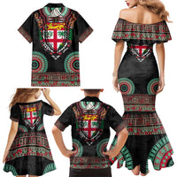 Fiji Coat of Arms Traditional Dashiki Family Matching Mermaid Dress and Hawaiian Shirt Tapa Art and Palm Leaves Pattern Black Color - Polynesian Pride