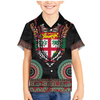 Fiji Coat of Arms Traditional Dashiki Family Matching Mermaid Dress and Hawaiian Shirt Tapa Art and Palm Leaves Pattern Black Color - Polynesian Pride