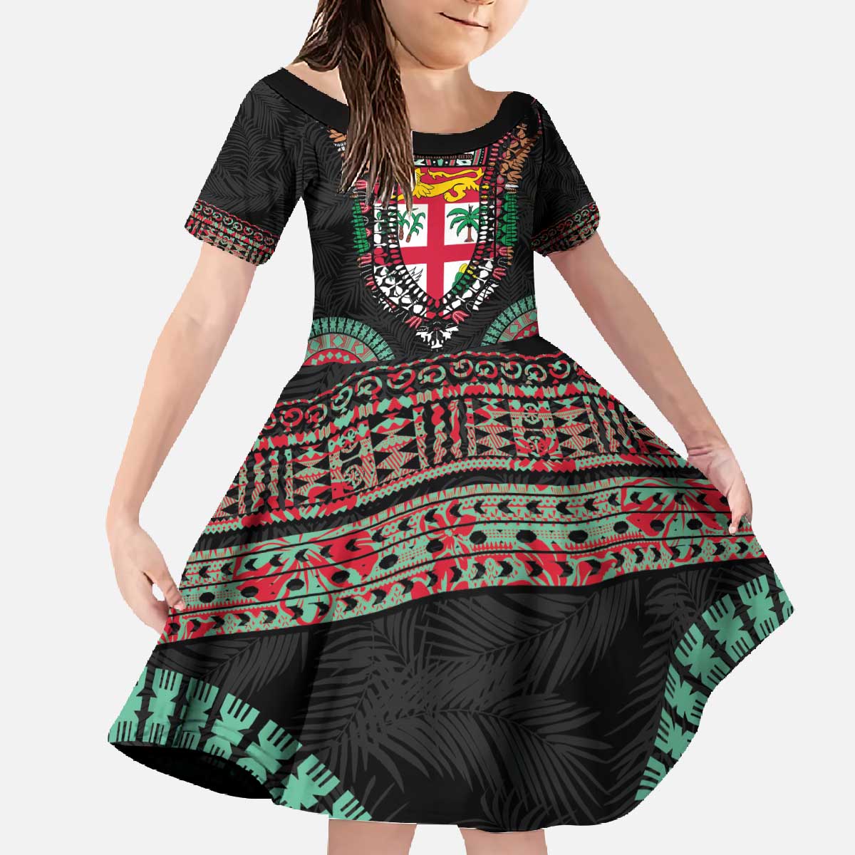 Fiji Coat of Arms Traditional Dashiki Family Matching Off The Shoulder Long Sleeve Dress and Hawaiian Shirt Tapa Art and Palm Leaves Pattern Black Color - Polynesian Pride