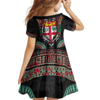 Fiji Coat of Arms Traditional Dashiki Family Matching Off The Shoulder Long Sleeve Dress and Hawaiian Shirt Tapa Art and Palm Leaves Pattern Black Color - Polynesian Pride