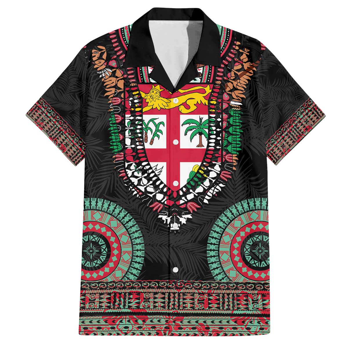 Fiji Coat of Arms Traditional Dashiki Family Matching Off The Shoulder Long Sleeve Dress and Hawaiian Shirt Tapa Art and Palm Leaves Pattern Black Color - Polynesian Pride