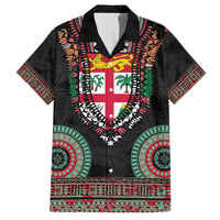Fiji Coat of Arms Traditional Dashiki Family Matching Off The Shoulder Long Sleeve Dress and Hawaiian Shirt Tapa Art and Palm Leaves Pattern Black Color - Polynesian Pride