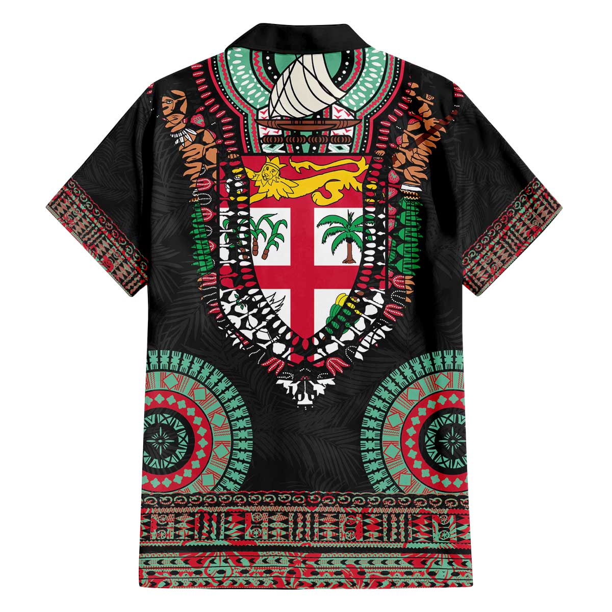 Fiji Coat of Arms Traditional Dashiki Family Matching Off The Shoulder Long Sleeve Dress and Hawaiian Shirt Tapa Art and Palm Leaves Pattern Black Color - Polynesian Pride