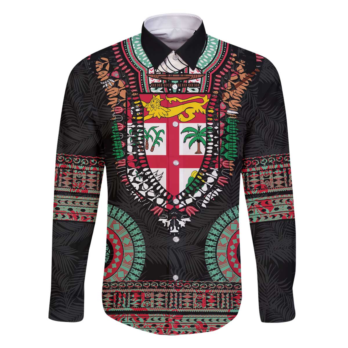 Fiji Coat of Arms Traditional Dashiki Family Matching Off The Shoulder Long Sleeve Dress and Hawaiian Shirt Tapa Art and Palm Leaves Pattern Black Color - Polynesian Pride