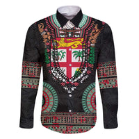 Fiji Coat of Arms Traditional Dashiki Family Matching Off The Shoulder Long Sleeve Dress and Hawaiian Shirt Tapa Art and Palm Leaves Pattern Black Color - Polynesian Pride