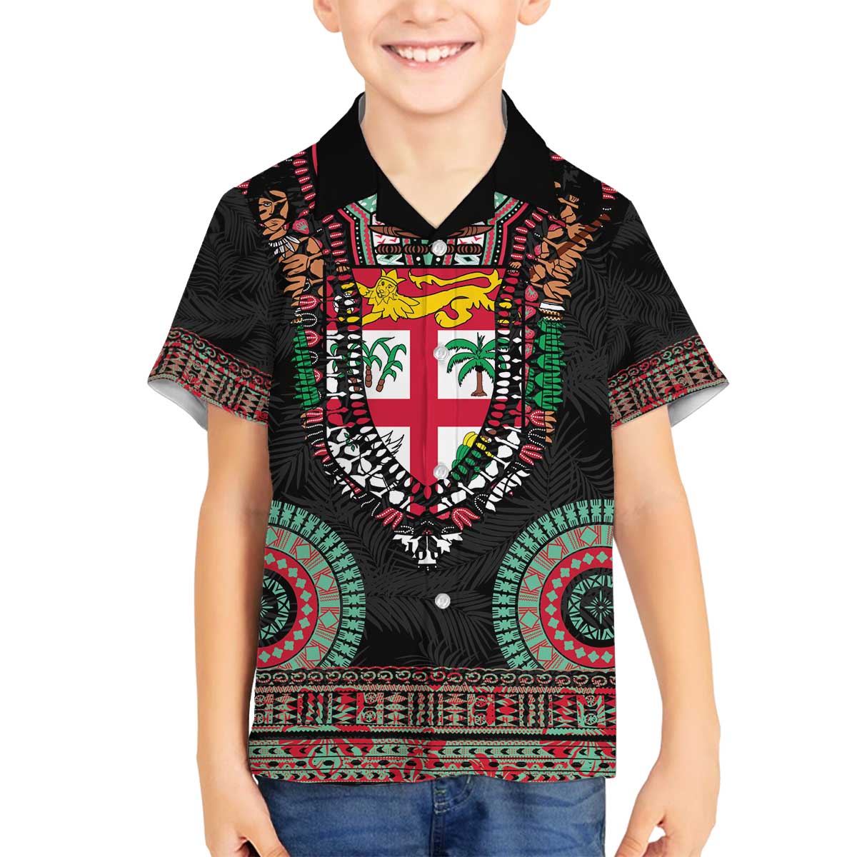 Fiji Coat of Arms Traditional Dashiki Family Matching Off The Shoulder Long Sleeve Dress and Hawaiian Shirt Tapa Art and Palm Leaves Pattern Black Color - Polynesian Pride