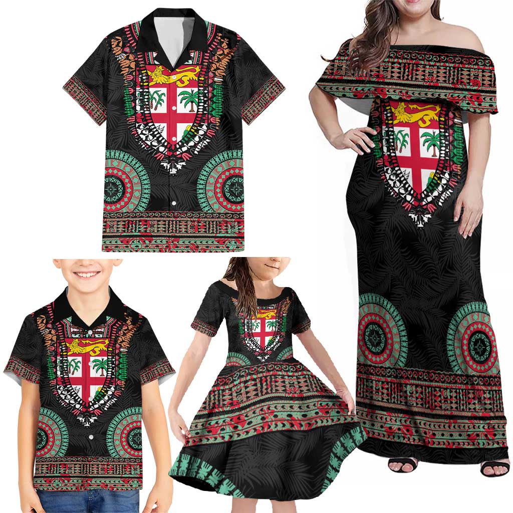 Fiji Coat of Arms Traditional Dashiki Family Matching Off Shoulder Maxi Dress and Hawaiian Shirt Tapa Art and Palm Leaves Pattern Black Color - Polynesian Pride