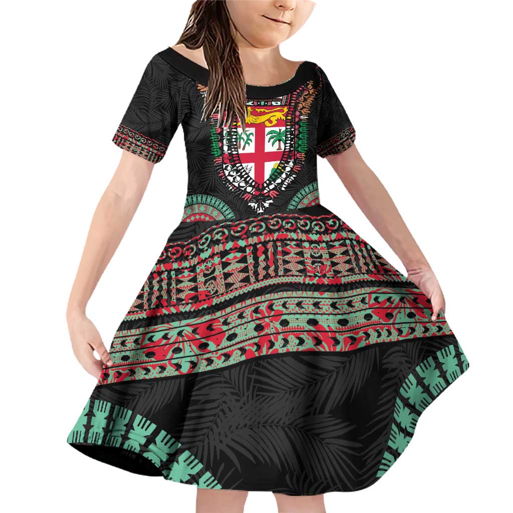Fiji Coat of Arms Traditional Dashiki Family Matching Off Shoulder Short Dress and Hawaiian Shirt Tapa Art and Palm Leaves Pattern Black Color - Polynesian Pride