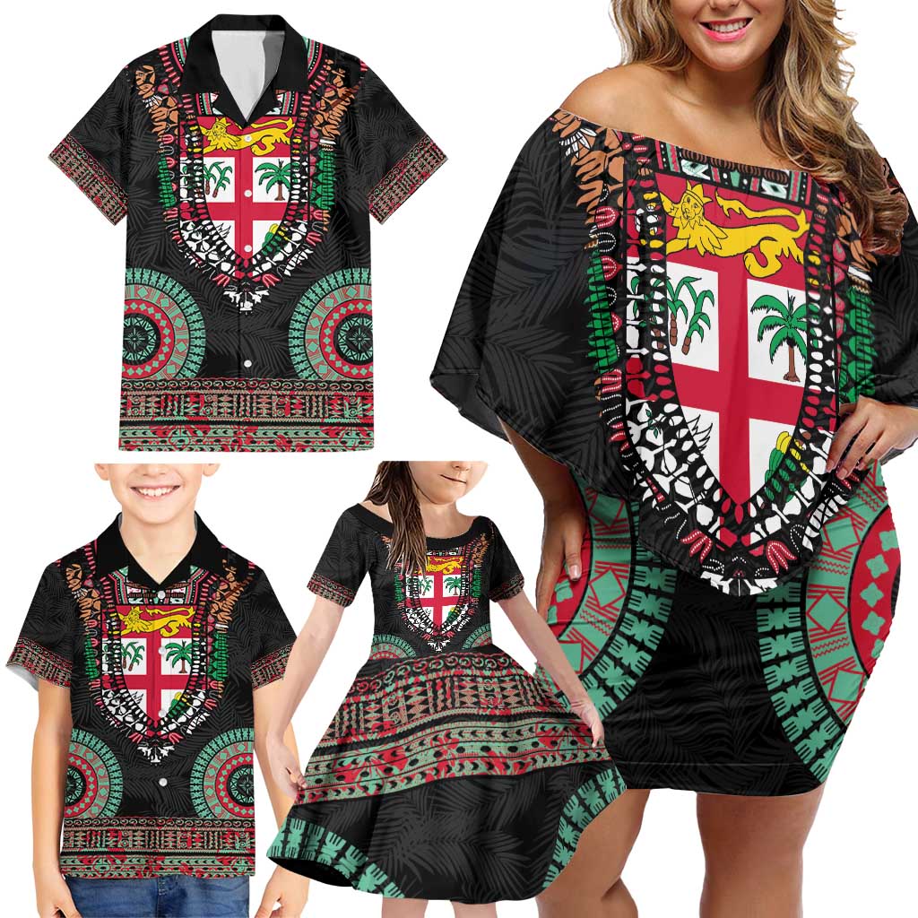 Fiji Coat of Arms Traditional Dashiki Family Matching Off Shoulder Short Dress and Hawaiian Shirt Tapa Art and Palm Leaves Pattern Black Color - Polynesian Pride