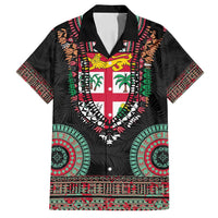 Fiji Coat of Arms Traditional Dashiki Family Matching Off Shoulder Short Dress and Hawaiian Shirt Tapa Art and Palm Leaves Pattern Black Color - Polynesian Pride