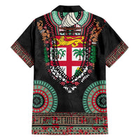 Fiji Coat of Arms Traditional Dashiki Family Matching Off Shoulder Short Dress and Hawaiian Shirt Tapa Art and Palm Leaves Pattern Black Color - Polynesian Pride