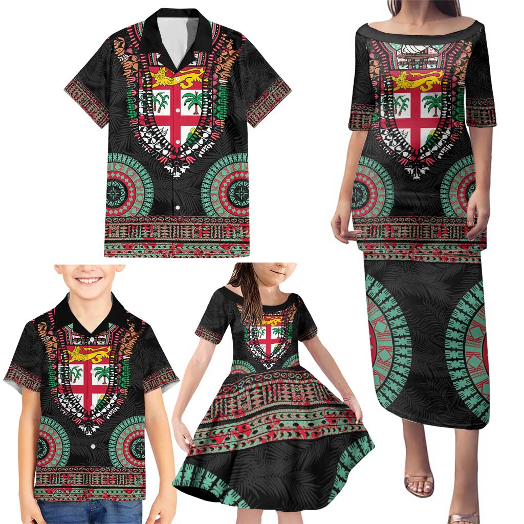 Fiji Coat of Arms Traditional Dashiki Family Matching Puletasi and Hawaiian Shirt Tapa Art and Palm Leaves Pattern Black Color - Polynesian Pride