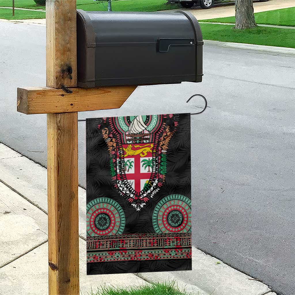 Fiji Coat of Arms Traditional Dashiki Garden Flag Tapa Art and Palm Leaves Pattern Black Color - Polynesian Pride