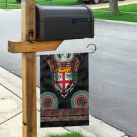 Fiji Coat of Arms Traditional Dashiki Garden Flag Tapa Art and Palm Leaves Pattern Black Color - Polynesian Pride
