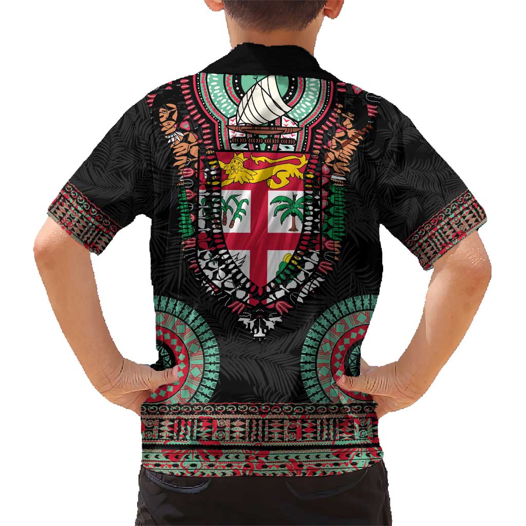 Fiji Coat of Arms Traditional Dashiki Hawaiian Shirt Tapa Art and Palm Leaves Pattern Black Color - Polynesian Pride