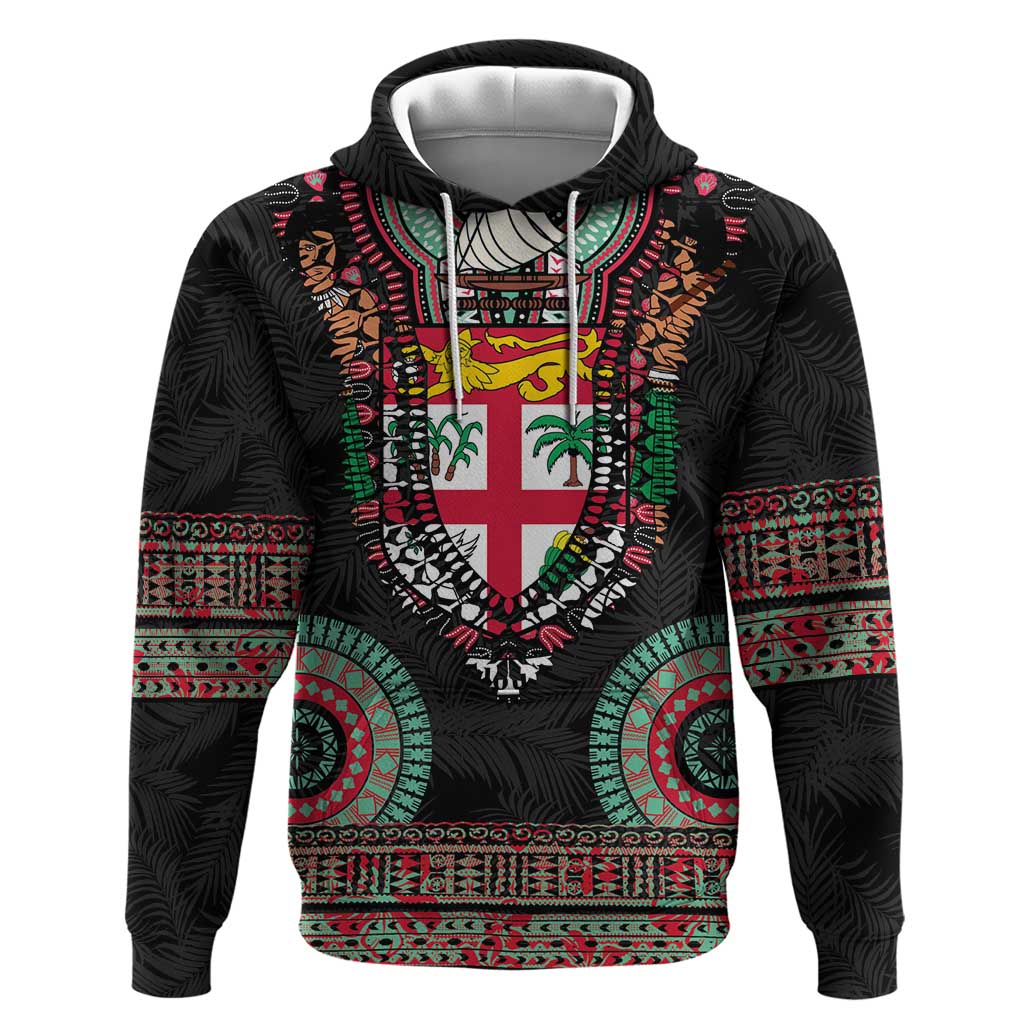 Fiji Coat of Arms Traditional Dashiki Hoodie Tapa Art and Palm Leaves Pattern Black Color - Polynesian Pride
