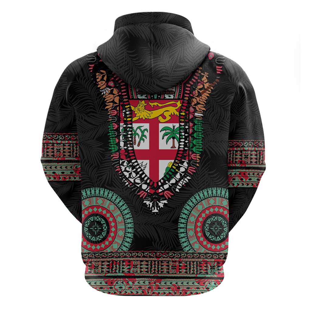 Fiji Coat of Arms Traditional Dashiki Hoodie Tapa Art and Palm Leaves Pattern Black Color - Polynesian Pride