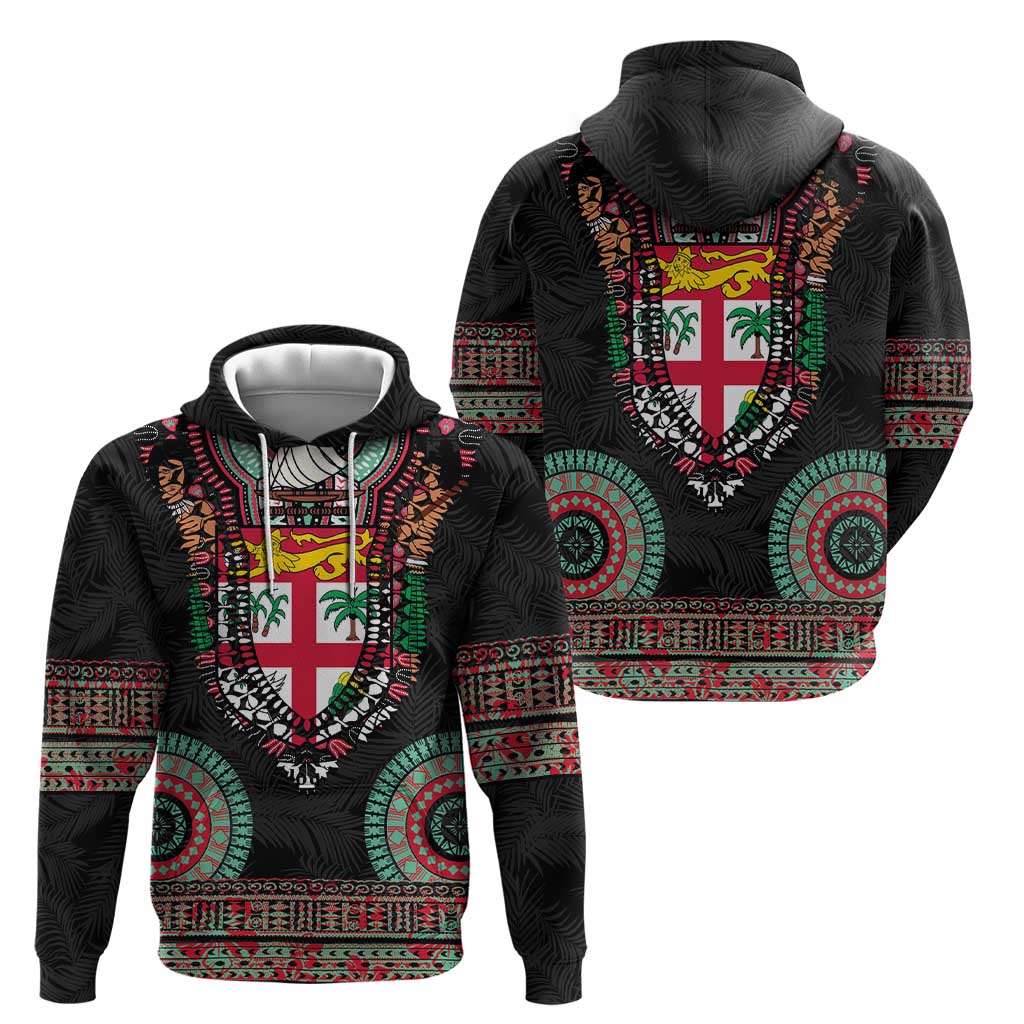Fiji Coat of Arms Traditional Dashiki Hoodie Tapa Art and Palm Leaves Pattern Black Color - Polynesian Pride