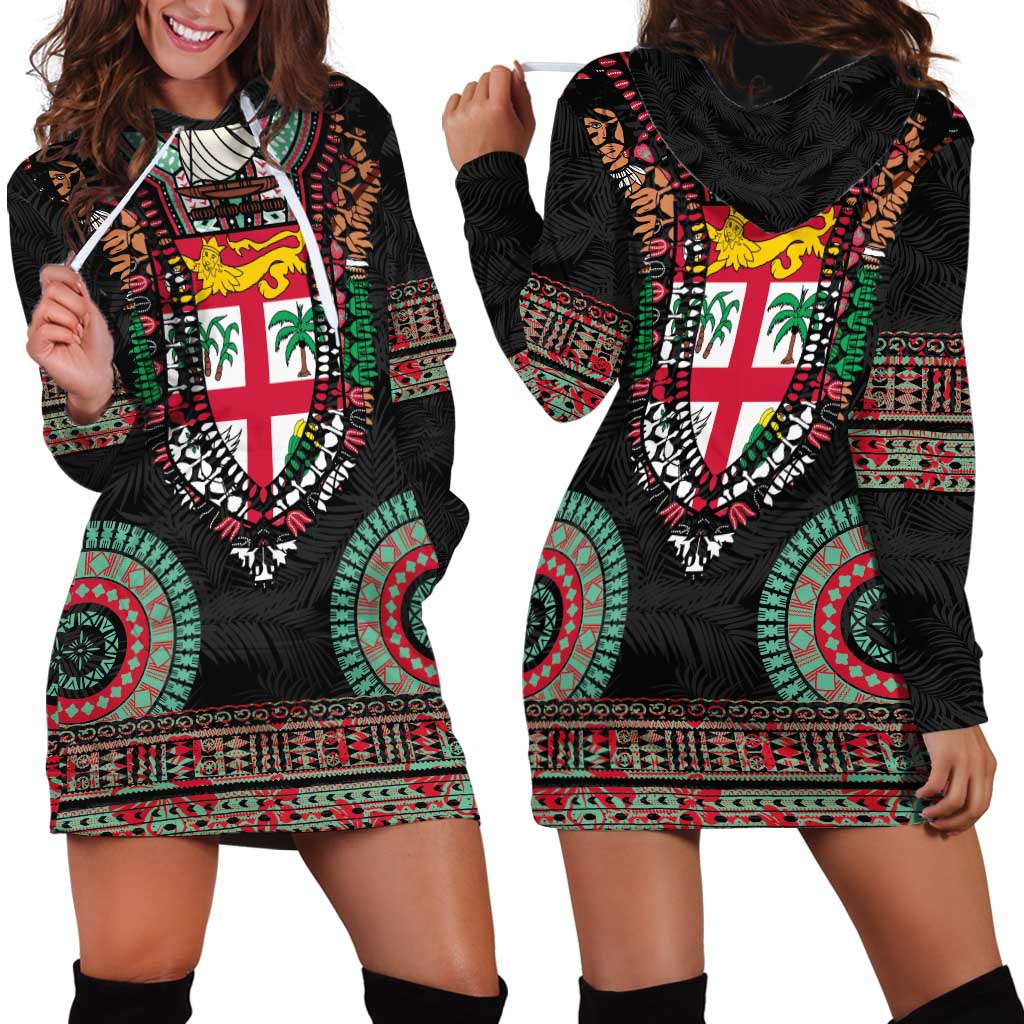 Fiji Coat of Arms Traditional Dashiki Hoodie Dress Tapa Art and Palm Leaves Pattern Black Color - Polynesian Pride