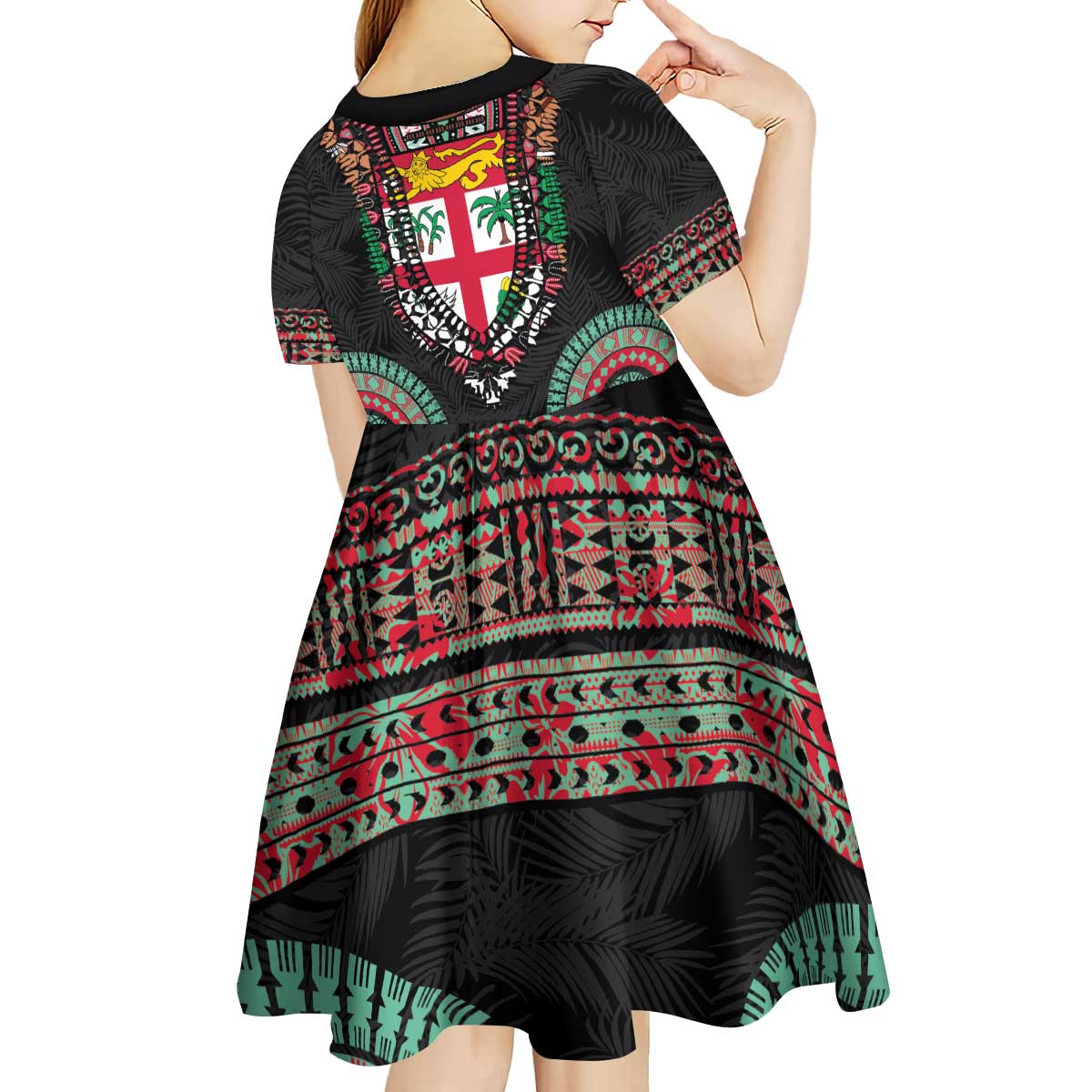 Fiji Coat of Arms Traditional Dashiki Kid Short Sleeve Dress Tapa Art and Palm Leaves Pattern Black Color - Polynesian Pride