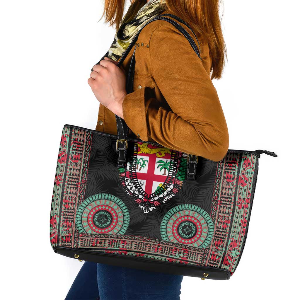 Fiji Coat of Arms Traditional Dashiki Leather Tote Bag Tapa Art and Palm Leaves Pattern Black Color - Polynesian Pride