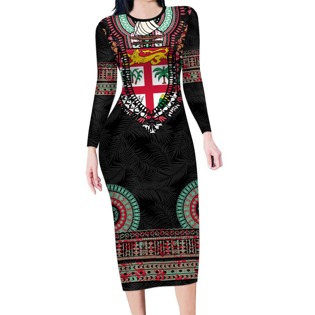Fiji Coat of Arms Traditional Dashiki Long Sleeve Bodycon Dress Tapa Art and Palm Leaves Pattern Black Color - Polynesian Pride