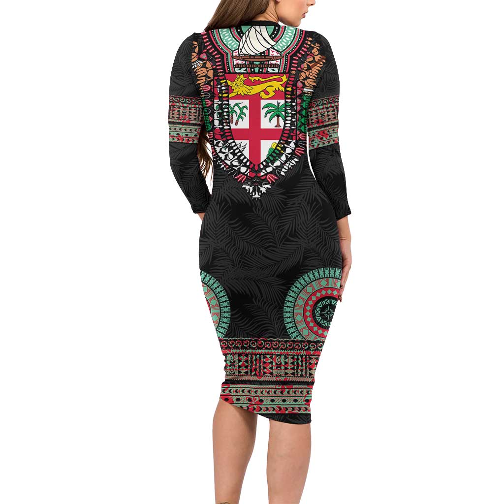 Fiji Coat of Arms Traditional Dashiki Long Sleeve Bodycon Dress Tapa Art and Palm Leaves Pattern Black Color - Polynesian Pride