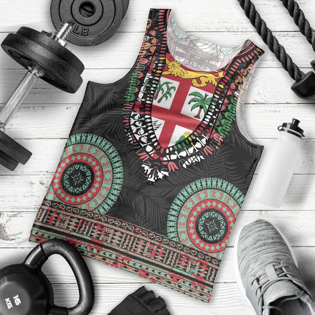 Fiji Coat of Arms Traditional Dashiki Men Tank Top Tapa Art and Palm Leaves Pattern Black Color - Polynesian Pride