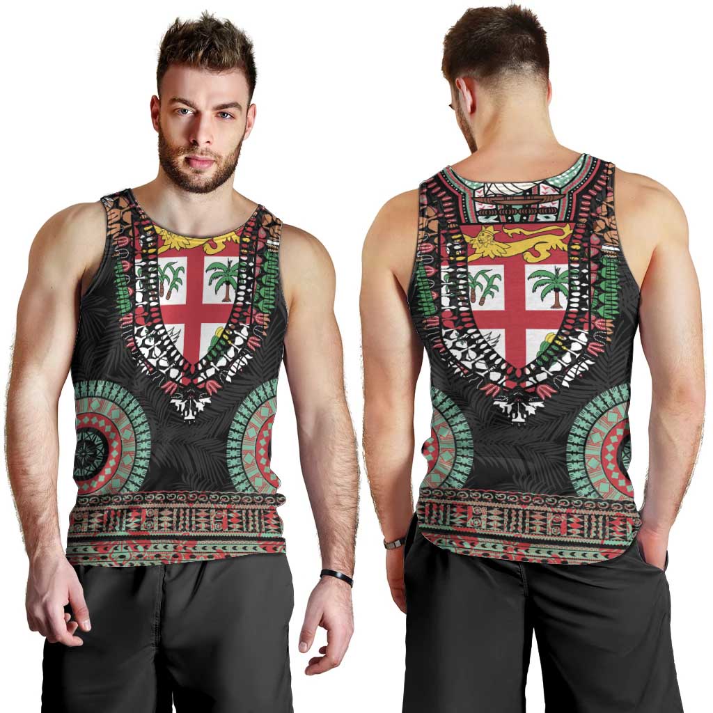 Fiji Coat of Arms Traditional Dashiki Men Tank Top Tapa Art and Palm Leaves Pattern Black Color - Polynesian Pride