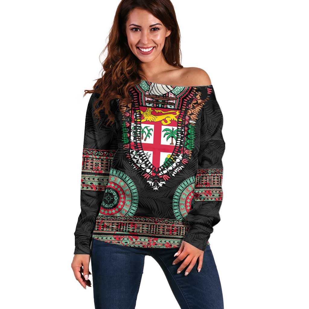Fiji Coat of Arms Traditional Dashiki Off Shoulder Sweater Tapa Art and Palm Leaves Pattern Black Color - Polynesian Pride