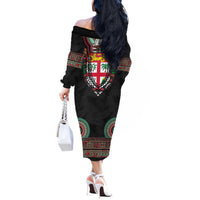 Fiji Coat of Arms Traditional Dashiki Off The Shoulder Long Sleeve Dress Tapa Art and Palm Leaves Pattern Black Color - Polynesian Pride